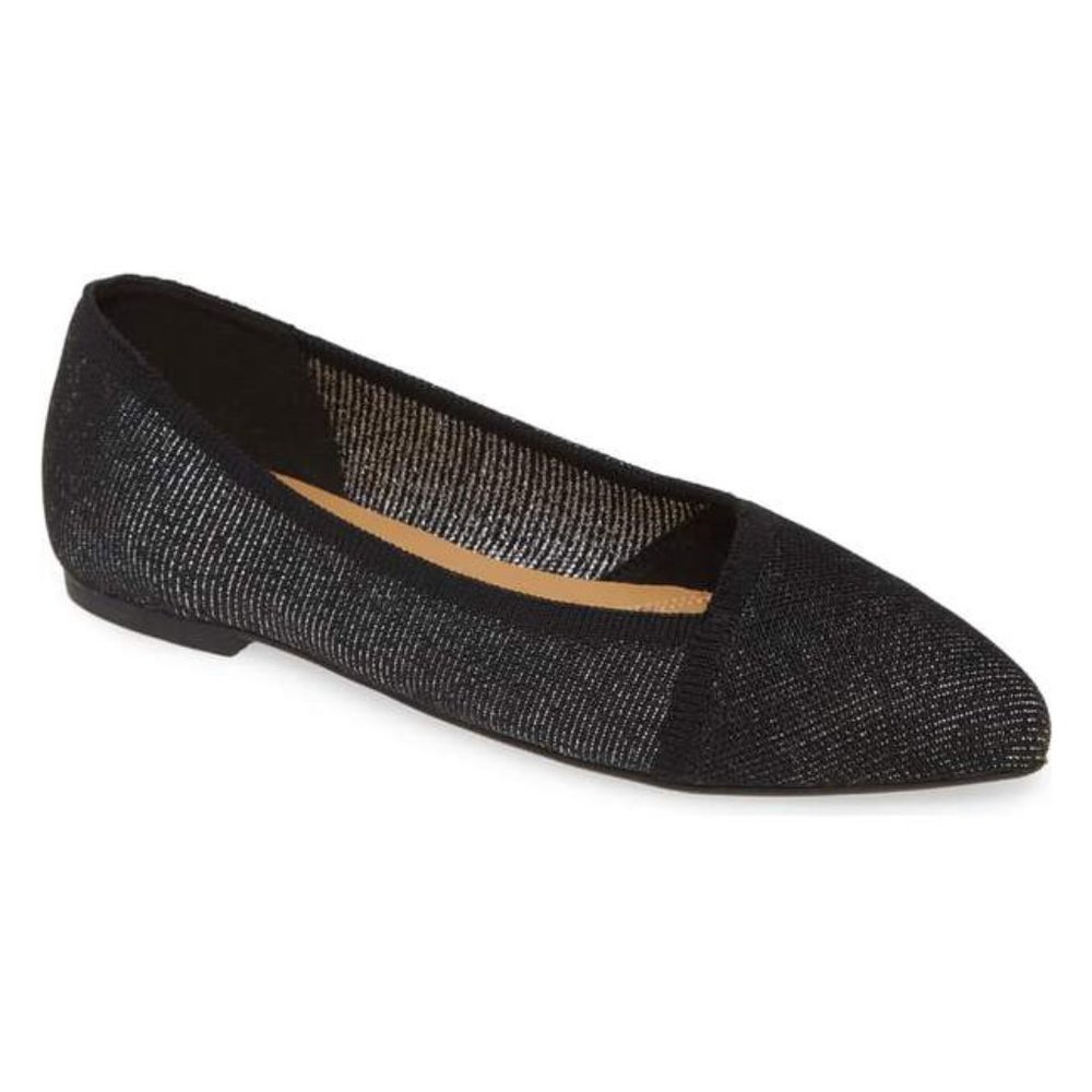 NEW Hush Puppies Sadie Knit Asymmetric V Cut Silver Shimmer Metallic Ballet Flat - Picture 2 of 10